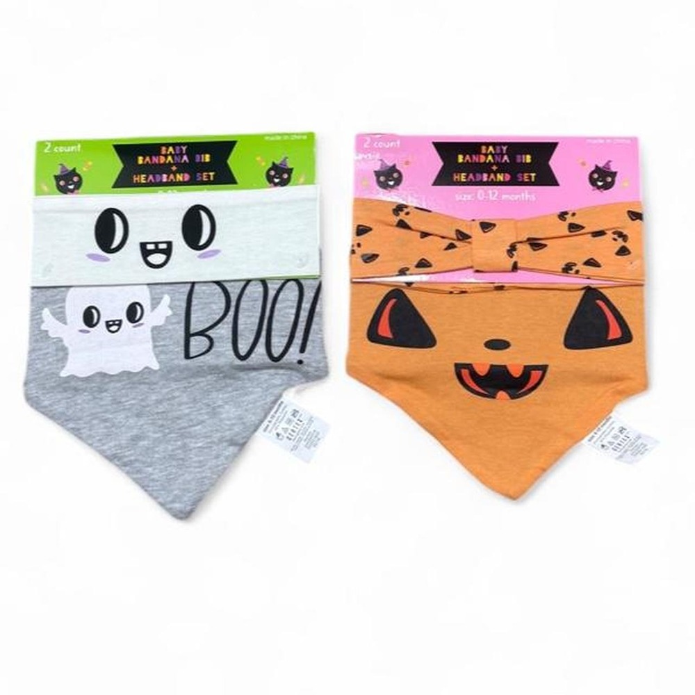 Halloween Baby Bandana Bib & Headband Bundles Set (0-12M) 2x ghost & pumpkin